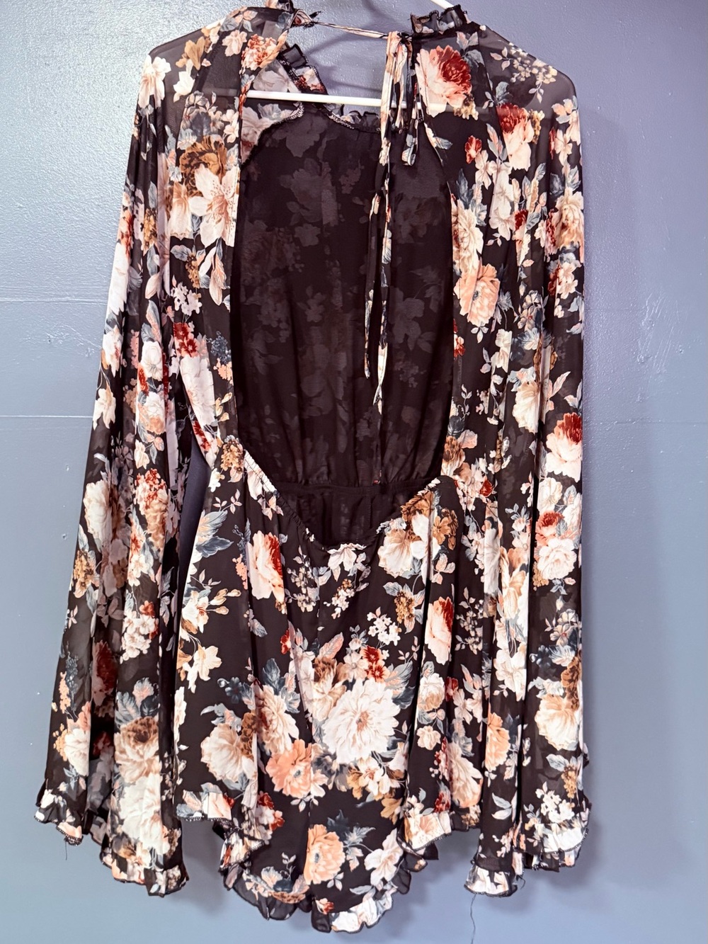Black Floral Sheer Long-bell Sleeved Romper. - Picture 2 of 2